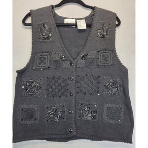 Vintage Embellished Knit Vest Medium 3D Ribbon Rose Button Front